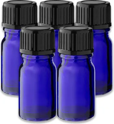 Produktbild von 5x Blaue Glasflasche 5 ml mit schwarzem PP-Schraubverschluss 18 mm