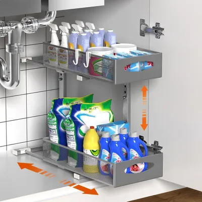 Immagine prodotto di Organizzatore estraibile per lavello, 2 ripiani, metallo, grigio, 22 cm di larghezza