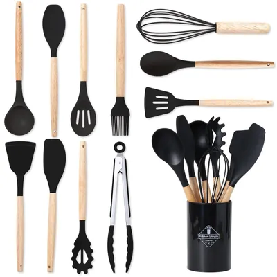 Image de Omgoods - Ensemble de 12 ustensiles de cuisine en silicone avec manche en bois
