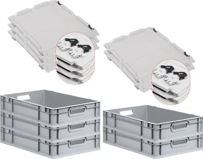 Produktbild von SuperSparSet 5x Eurobox NextGen Grip mit Scharnierdeckel und schwarzen Schiebeschnappverschlüssen | HxBxT 12x40x60cm | 23 Liter | Grau | Griffe offen | Glatter Boden | Eurobehälter, Transportbox, Transportbehälter, Stapelbehälter