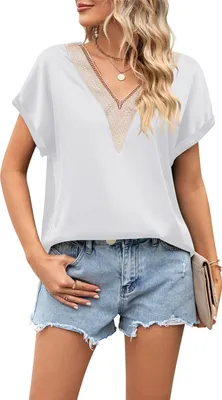 Produktbild von ASKSA Damen T-Shirt Sommer Satin Spitze V-Ausschnitt Oberteile Elegant Casual Bluse Tops, Weiss, Groesse: XXL