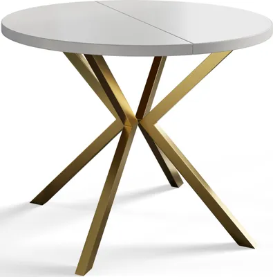 A round dining table with a white top and a gold metal base, shown from a slightly elevated angle against a white background.