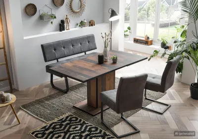 Produktbild von Hela Tische, 4tlg. Essgruppe Luise, Tisch Oldwood Nachbildung ausziehbar (120-160cm), Sitzbank 3er Lehne Federkorb, Freischwinger Stuhl Anthrazit Federkorb