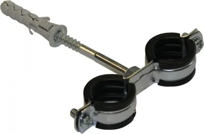 A product image of a double pipe clamp with a wall anchor.