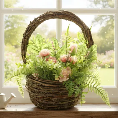 Produktbild von Blumenkorb "Frühling" aus Zweigen mit Kunstblumen & Kunstpflanzen, wie echt, 34 cm hoch, Dekokorb, künstliche Blumen im Korb