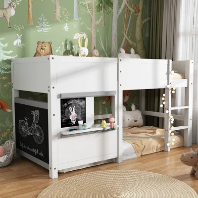Immagine prodotto di Letto per bambini MODFU, 90x200 cm, con due sponde regolabili e superficie scrivibile a graffiti, dotato di piccolo ripiano, letto a castello con protezioni laterali, letto per adolescenti in legno di kifer, bianco (senza materasso)