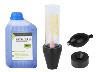 Zdjęcie produktu dla Tester szczelności uszczelki głowicy CO2 + płyn reakcyjny 500 ml + pompka do zasysania gazu z układu chłodzenia + tuba do pomiaru szczelności