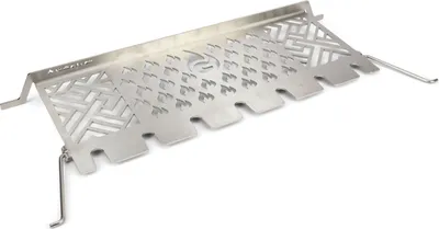 A stainless steel warming rack for a grill, shown from a diagonal angle on a white background.