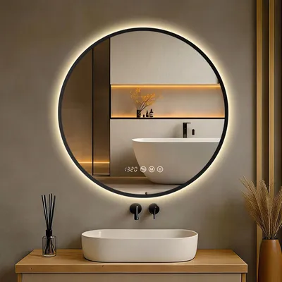 Immagine prodotto di S'AFIELINA Specchio da bagno LED Rotondo 70cm, touch, antiappannamento, dimmerabile, orologio, temperatura, memoria, Nero