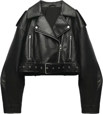 Productafbeelding van Dames kunstleren bikerjack kort model met ritssluiting, opstaande kraag en afneembare riem