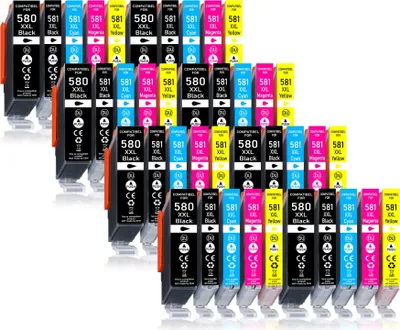 A collection of printer ink cartridges arranged in rows.