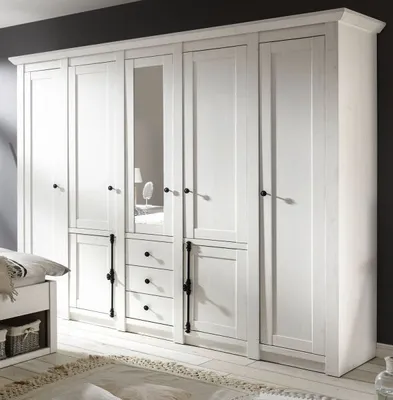 Produktbild von Kleiderschrank Hooge in weiß Pinie Landhaus Drehtürenschrank 7-türig mit Spiegel 236 x 206 cm