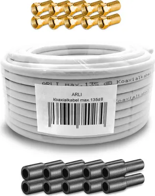 Produktbild von 50m ARLI Koaxialkabel max. 135dB + 10x F-Stecker vergoldet + 10x Gummitülle