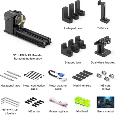 Zdjęcie produktu dla SCULPFUN RA Pro Max 4 w 1 uchwyt obrotowy do grawerki laserowej, wielofunkcyjny obrotowy moduł grawerujący w osi Y z regulowanym kątem 180° do grawerowania laserowego przedmiotów cylindrycznych i nieregularnych przedmiotów okrągłych