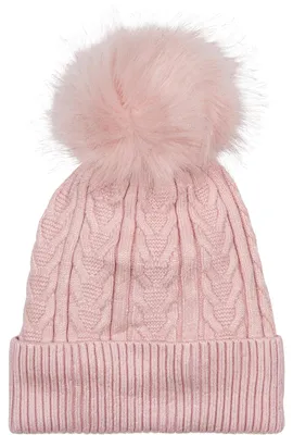 Produktbild von styleBREAKER Damen Feinstrick Bommelmütze mit Zopfmuster, Kunstfell Bommel Mütze, gefütterte Winter Strickmütze 04024100