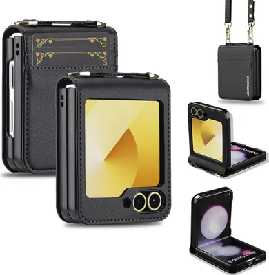 Image de Étui en cuir pour Samsung Galaxy Z Flip6 / Z Flip7 FE 5G, avec bandoulière et fente pour cartes de crédit Noir
