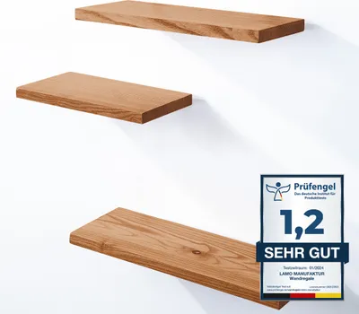 Produktbild von LAMO Manufaktur 3 Stück Wandregal aus Holz mit unsichtbarer Befestigung 42/36/30cm | Wandregal aus 100 % echtem Holz | Hängeregal für Wohnzimmer, Schlafzimmer | Wandregale SET 3 Gerade Farbe: Dunkel