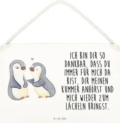 Produktbild von Mr. & Mrs. Panda Schild Pinguine trösten DIN A4 - Weiß - Geschenk, Mitbringsel, für Männer, Frauen, Hochzeitstag, Valentinstag, kleine aufmerksamkeit, Wandbild Holz
