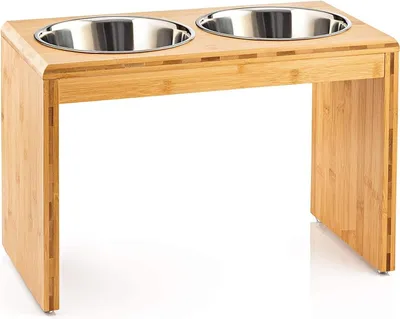 Produktbild von Erhöhter Bambus-Futterstation für große Hunde - Futterstation 4 Schalen Holz Edelstahl - 1650 ml - 44 x 30 x 23 cm