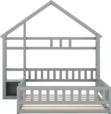 Produktbild von Flieks Kinderbett 140x200cm mit Rausfallschutz und Nachttisch, Bodenbett Hausbett mit Lattenrost, Spielbett Holzbett Doppelbett, Grau