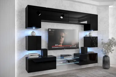 Obrázek produktu pro Furnitech Obývací stěna - Nábytek do obývacího pokoje s LED RGB - Moderní závěsná skříňka s policemi a TV skříňkou (Nowara ANX1-17B-HG20-1A)