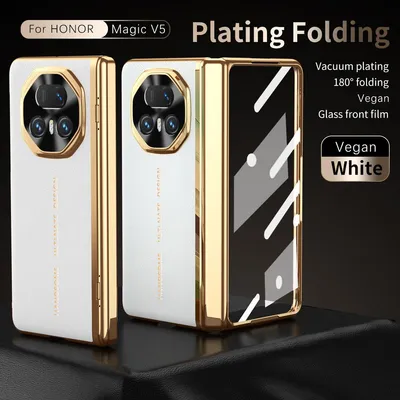 Produktbild von Schutzhülle für Honor Magic V5 Eingebauter Displayschutz und Scharnierschutz, Galvanisierter Rahmen und stoßfeste Leder-Handyhülle Weiß