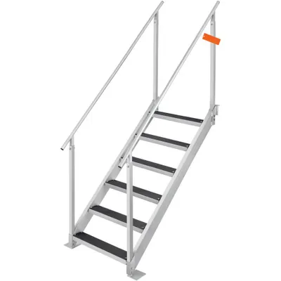 A product shot of a silver aluminum boat ladder with black anti-slip treads on the steps, set against a white background.