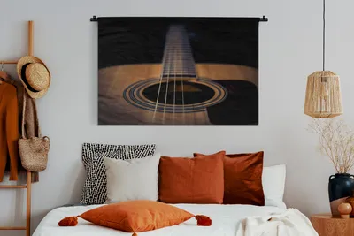 Produktbild von MuchoWow® Wandteppich Wandbehang Nahaufnahme einer akustischen Gitarre auf schwarzem Hintergrund 150x100 cm Tapisserie Dekoration Wandtuch - Waschbar - Tapisserien - Wand-Decke
