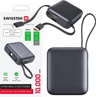 Zdjęcie produktu dla Swissten, bateria zewnętrzna 10000 mAh z kablem USB-C i Lightning Ultrakompaktowa, srebrna