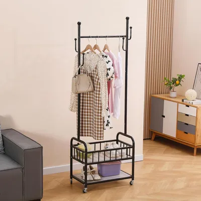 Image de Porte-vêtements en métal avec roulettes, 2 niveaux, mobile, 1,5 m, pour chambre
