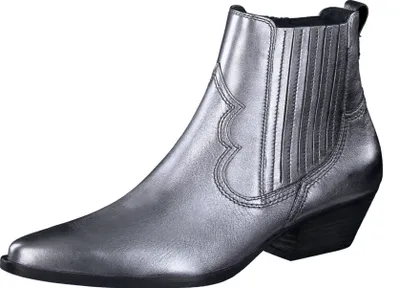 A single silver western-style ankle boot is shown against a white background.
