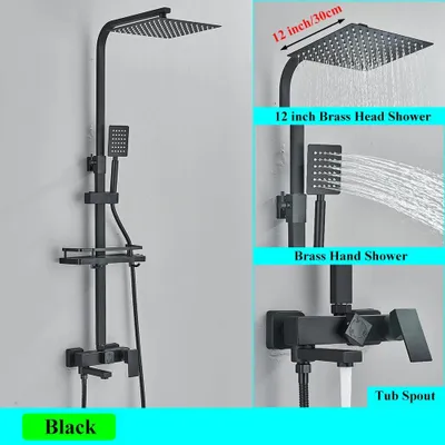 Produktbild von Regendusche Duschsystem - Wandmontage - 30 cm Duschkopf - Ablage - 3-Wege Umsteller - 304 Edelstahl - Schwarz