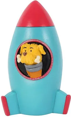 Produktbild von Spardose mit Weltraum-Motiv, zeigt eine Rakete und einen Hund, 14x8x8,5 cm