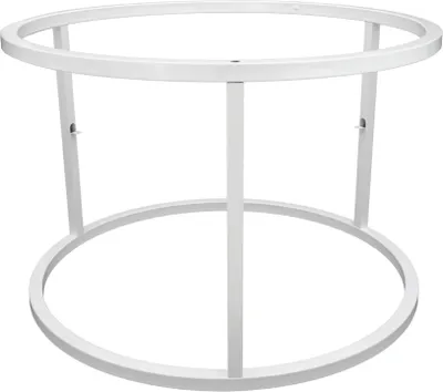 A white metal table base with a circular top and bottom rim, supported by four vertical legs.