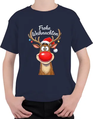 Produktbild von Frohe Weihnachten Rentier Rudolph rote Nase Weihnachtsmütze süß Uni Kinder T-Shirt, Navy, 116