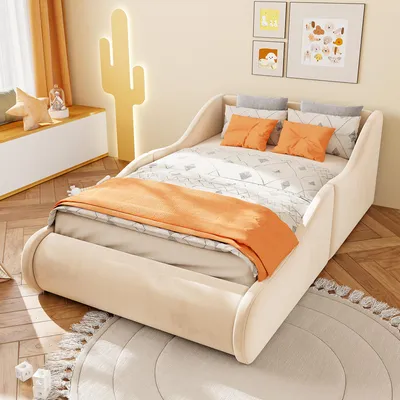 Zdjęcie produktu dla Łóżko dziecięce 90x200 cm z barierą ochronną, łóżko tapicerowane z podstawą pod materac i zagłówkiem, jednoosobowe łóżko tapicerowane z drewnianą konstrukcją i obiciem z weluru, kolor beżowy