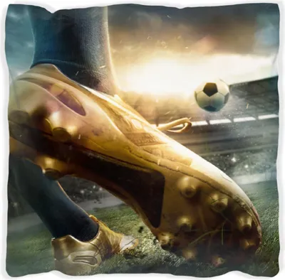 Produktbild von Wallario Premium Kissen, weiche Oberfläche, mit Motiv Fußball Goldschuh auf dem Feld, Größe: 60 x 60 cm, mit weißer Rückseite