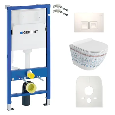 Produktbild von DOMINO Geberit Duofix Basic Vorwandelement + Wand-WC Tiefspül Sofi Slim Becken Folklor Spülrandlos + Bedienplatte Delta 25 für Doppelspülung |Komplett