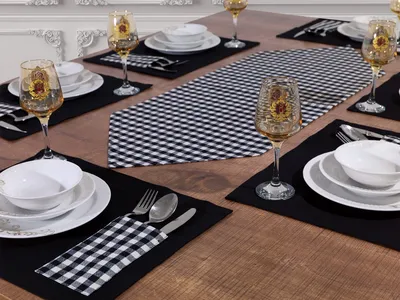 Produktbild von 1x Tischläufer 6 Platz-Matten Set Tischset Platzset Platzdecken Schwarz Kariert