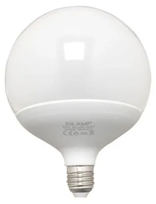 A studio shot of a large, round LED light bulb with a standard screw base.