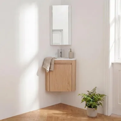 Immagine prodotto di Set lavamani d'angolo sospeso, lavabo, rubinetto e pensile LISA