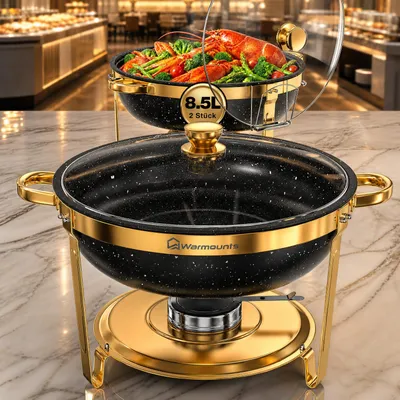 Obrázek produktu pro WARMOUNTS Sada 2 kusů chafing dish (nádobí na udržování teploty jídla), objem 9 litrů, nerezová ocel, kulatý tvar, zlatá barva, s držákem skleněné poklice, stohovatelný, vhodný pro catering a akce