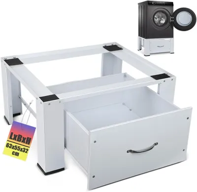 Produktbild von Waschmaschinen Untergestell mit Ausziehbarer Schubladen Unterbau Podest 63x54.5x32cm Stahl Trockner Sockel Unterschrank erhöht 150 kg Tragkraft