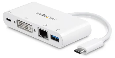 Produktbild von StarTech.com USB-C Multiport Adapter - USB-C auf DVI-D (Digital) Video Adapter mit 60W Power Delivery(Stromversorgung), GbE, USB-A - Tragbares USB-C/Thunderbolt 3 Mini Laptop Dock, Kabelgebunden, USB 3.2 Gen 1 (3.1 Gen 1) Type-C, USB Typ-A, USB Typ-C, 10,100,1000 Mbit/s, IEEE 802.3, IEEE 802.3ab, IEEE 802.3u, Weiß
