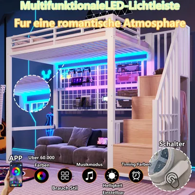 Produktbild von Hochbett 90x200cm mit Kleiderschrank und Stauraumleiter, Ausgestattet mit LED-Leuchten, Metallbettgestell, Weiß
