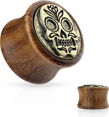Produktbild von Holz Plug Flesh Tunnel Totenkopf Skelett Wood Ear Plug Saddle Fit Organic Sugar Skull braun 10 mm