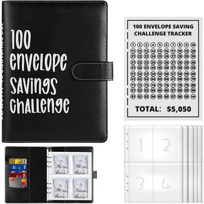 Productafbeelding van Budgetplanner A5, 100 transparante enveloppen, magnetische sluiting, spaarorganizer, spaaruitdaging, voor thuisgebruik, schuldbeheer, zwart