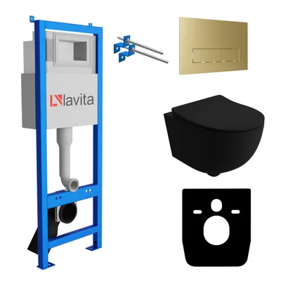 Produktbild von Lavita LAV 101 Vorwandelement für WC 40cm + Wand Hänge Tiefspül WC BRAVA Schwarz Spülrandlos + Bedienplatte LAV 200.3.5 Gold | Komplettset | Unterputz Spülkasten | Toilette Komplett Sett