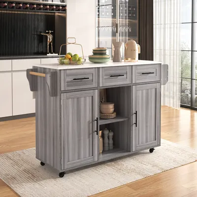 Immagine prodotto di Abrihome Carrello da cucina con piano di lavoro ribaltabile e rotelle, isola da cucina con 3 cassetti, carrello da cucina per mobili da cucina, grigio