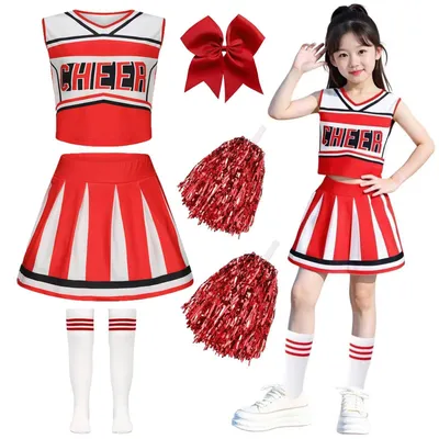 Cheerleader-Kostüm für Kinder, 140 cm, mit Pompons und Socken